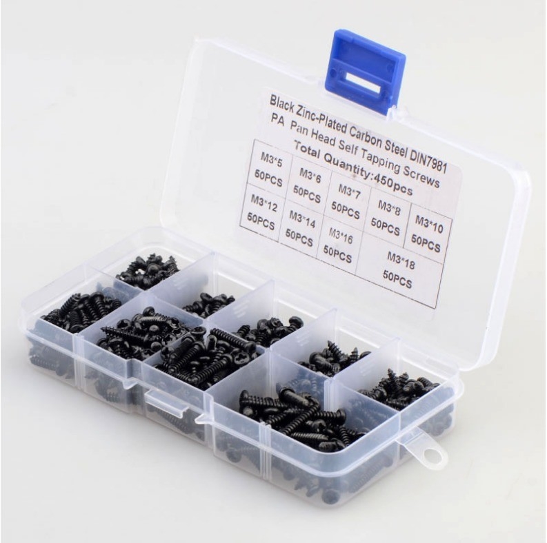 ALLOY 天然色 450pcs M3 カーボンステール 黒 PA クロス パン ヘッド 丸型 ヘッド セルフ タッピング スクロール コンビニセット アソート キット